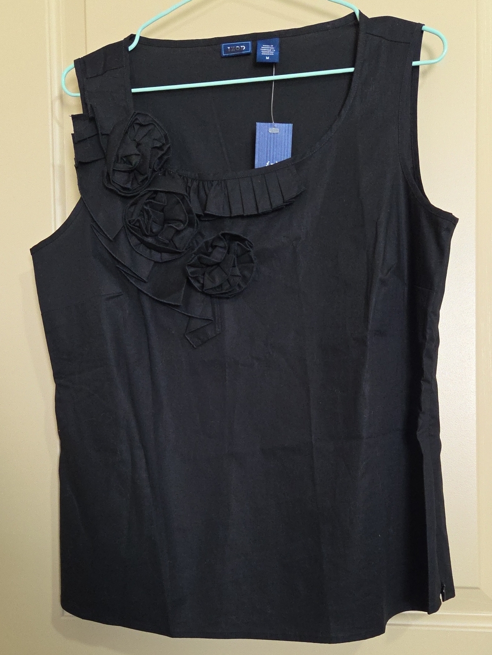 Izod Black Sleeveless Shirt with Neck Rosette Accents